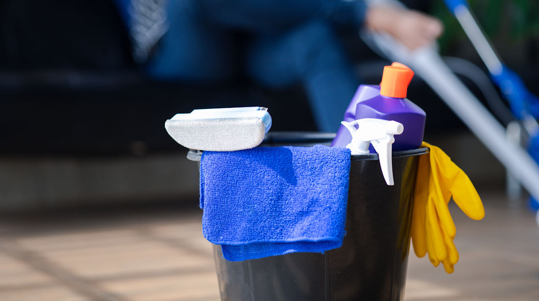 bucket of cleaning supplies