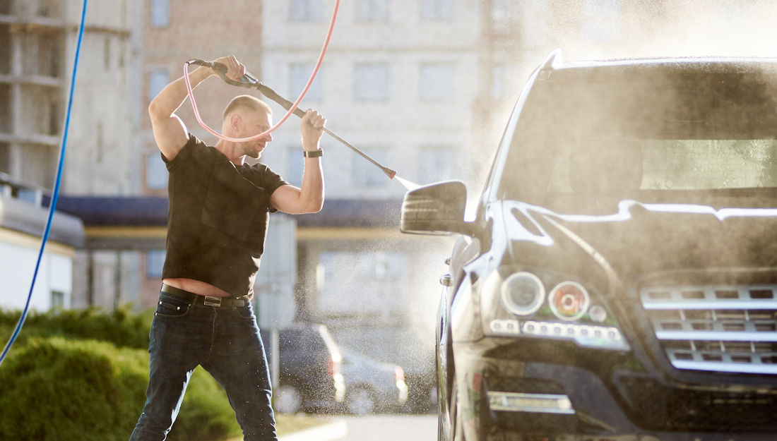 spraying down the car